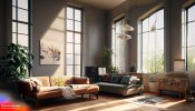 Firefly sun lit room tall windows stereo speakers turntable records plants paintings couch 833.jpg